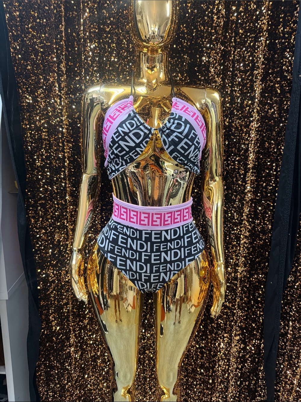 Fendi Black & Pink Logo High-Waist Bikini